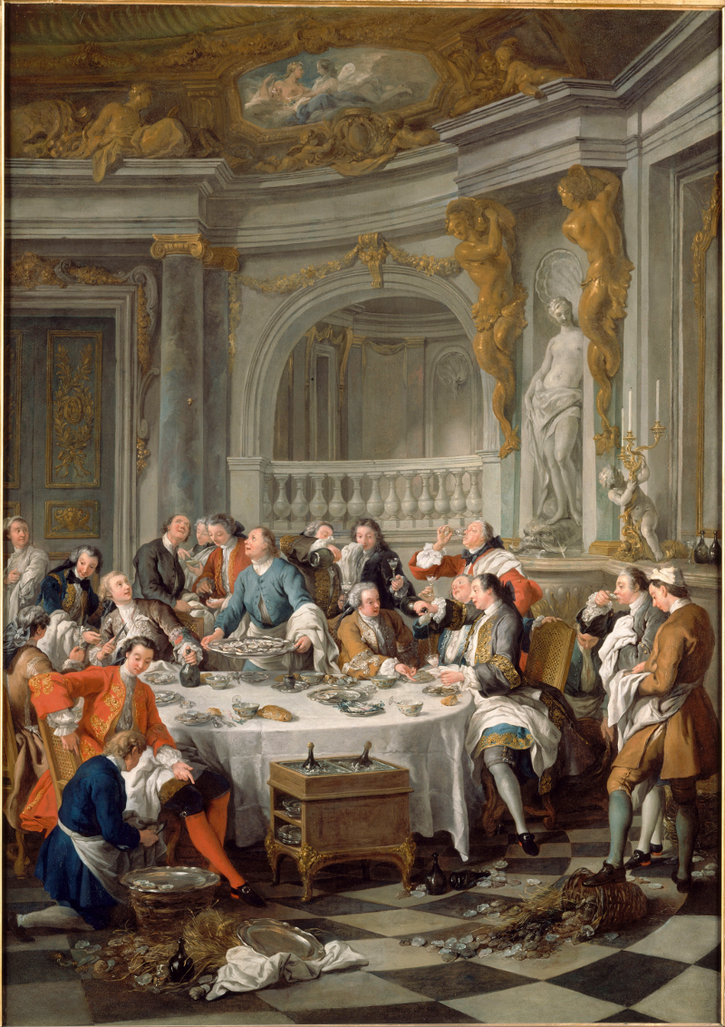 Déjeuner d'Huîtres (Jean François de Troy, 1735), besteld voor de eetkamer in de petits appartements du Roi in Versailles. Nu te zien in Musée Condé in Chantilly.